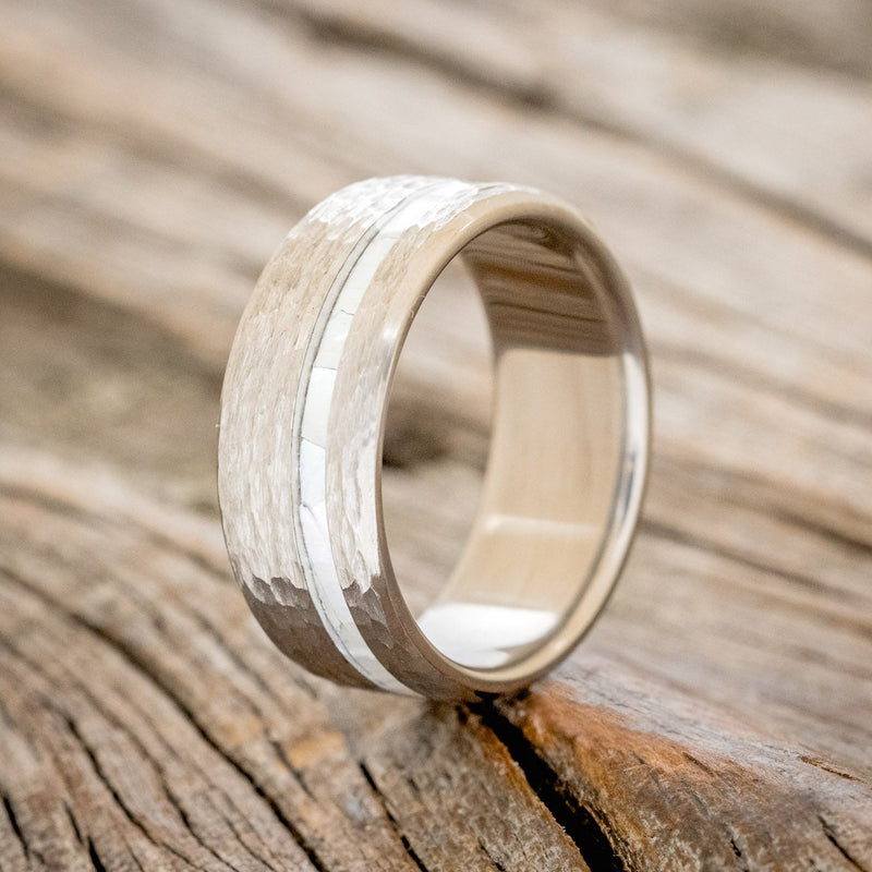 "VERTIGO" - MOTHER OF PEARL WEDDING BAND WITH A HAMMERED FINISH-1