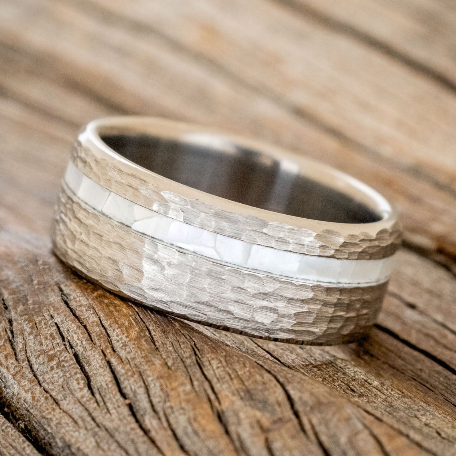 "VERTIGO" - MOTHER OF PEARL WEDDING BAND WITH A HAMMERED FINISH-2