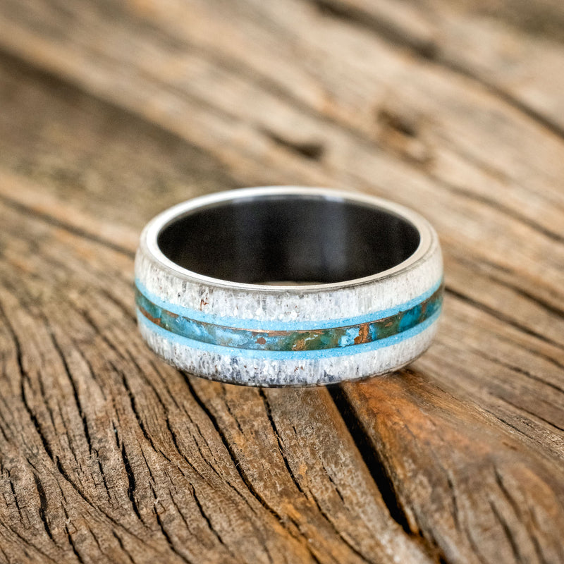 "CANYON" - ANTLER, TURQUOISE & PATINA COPPER WEDDING BAND - BLACK ZIRCONIUM - SIZE 12 1/4-3