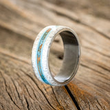 "CANYON" - ANTLER, TURQUOISE & PATINA COPPER WEDDING BAND - BLACK ZIRCONIUM - SIZE 12 1/4-1