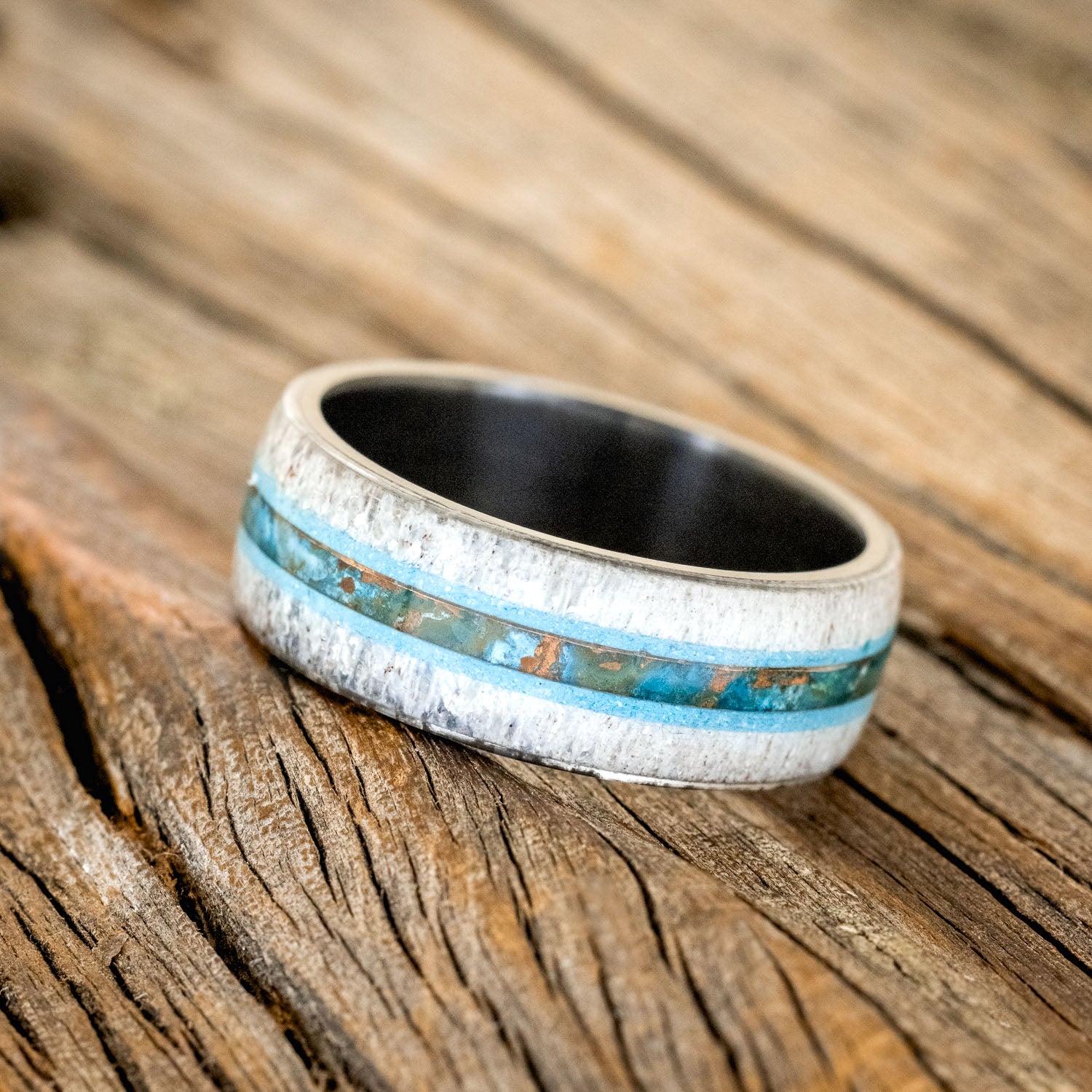 "CANYON" - ANTLER, TURQUOISE & PATINA COPPER WEDDING BAND-2