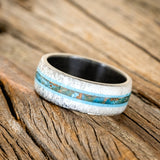 "CANYON" - ANTLER, TURQUOISE & PATINA COPPER WEDDING BAND - BLACK ZIRCONIUM - SIZE 12 1/4-2