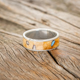 "RAINIER" - BUCKEYE BURL WOOD, OPAL & TURQUOISE WEDDING BAND - DAMASCUS STEEL - SIZE 12 1/4-3