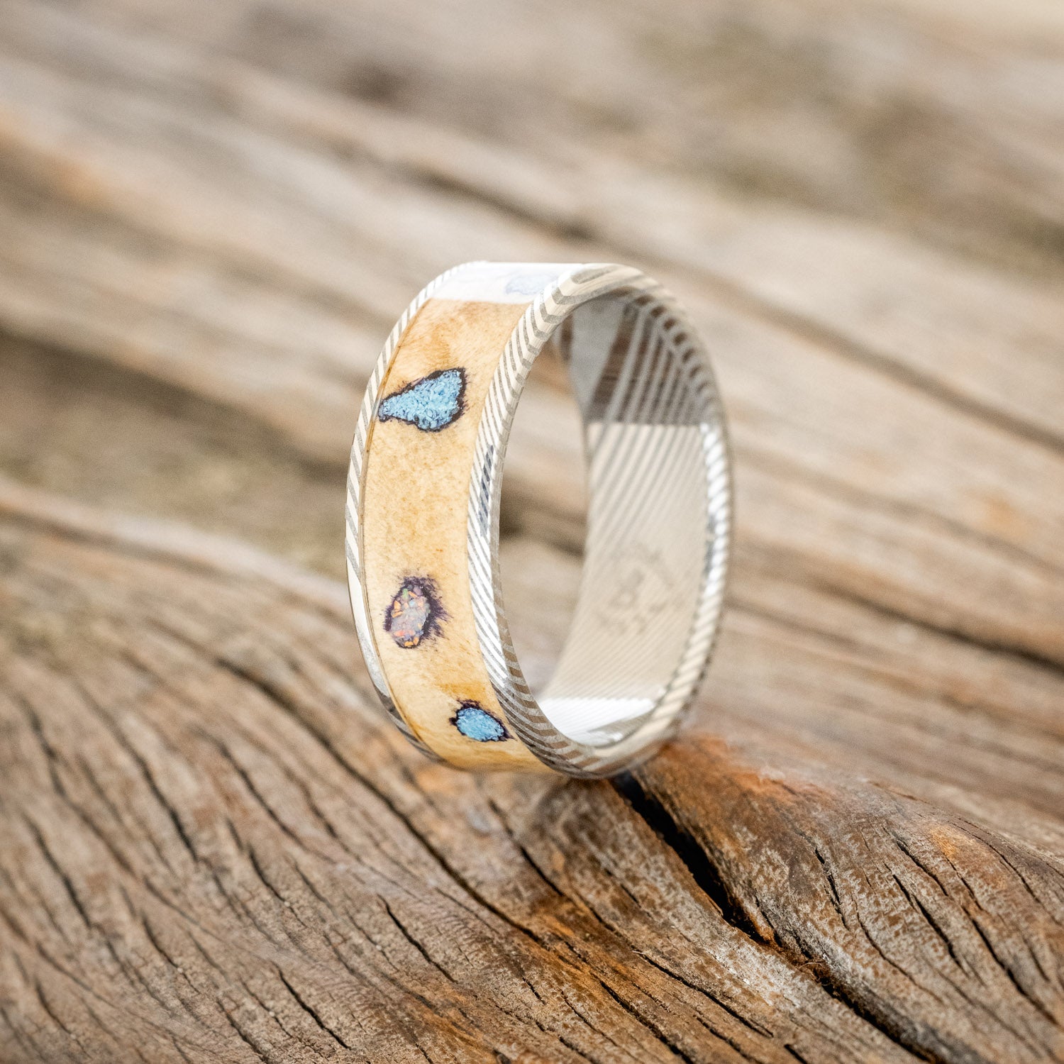 "RAINIER" - BUCKEYE BURL WOOD, OPAL & TURQUOISE WEDDING BAND-7