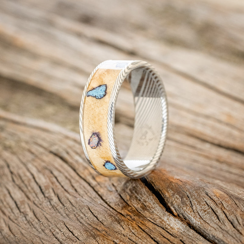 "RAINIER" - BUCKEYE BURL WOOD, OPAL & TURQUOISE WEDDING BAND - DAMASCUS STEEL - SIZE 12 1/4-1