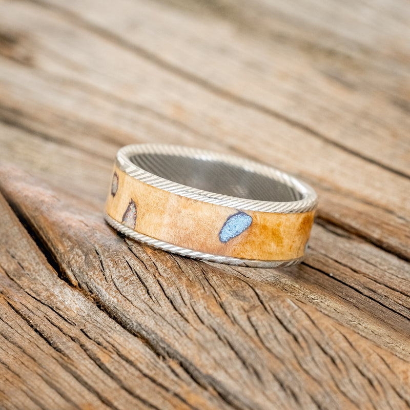 "RAINIER" - BUCKEYE BURL WOOD, OPAL & TURQUOISE WEDDING BAND - DAMASCUS STEEL - SIZE 12 1/4-2