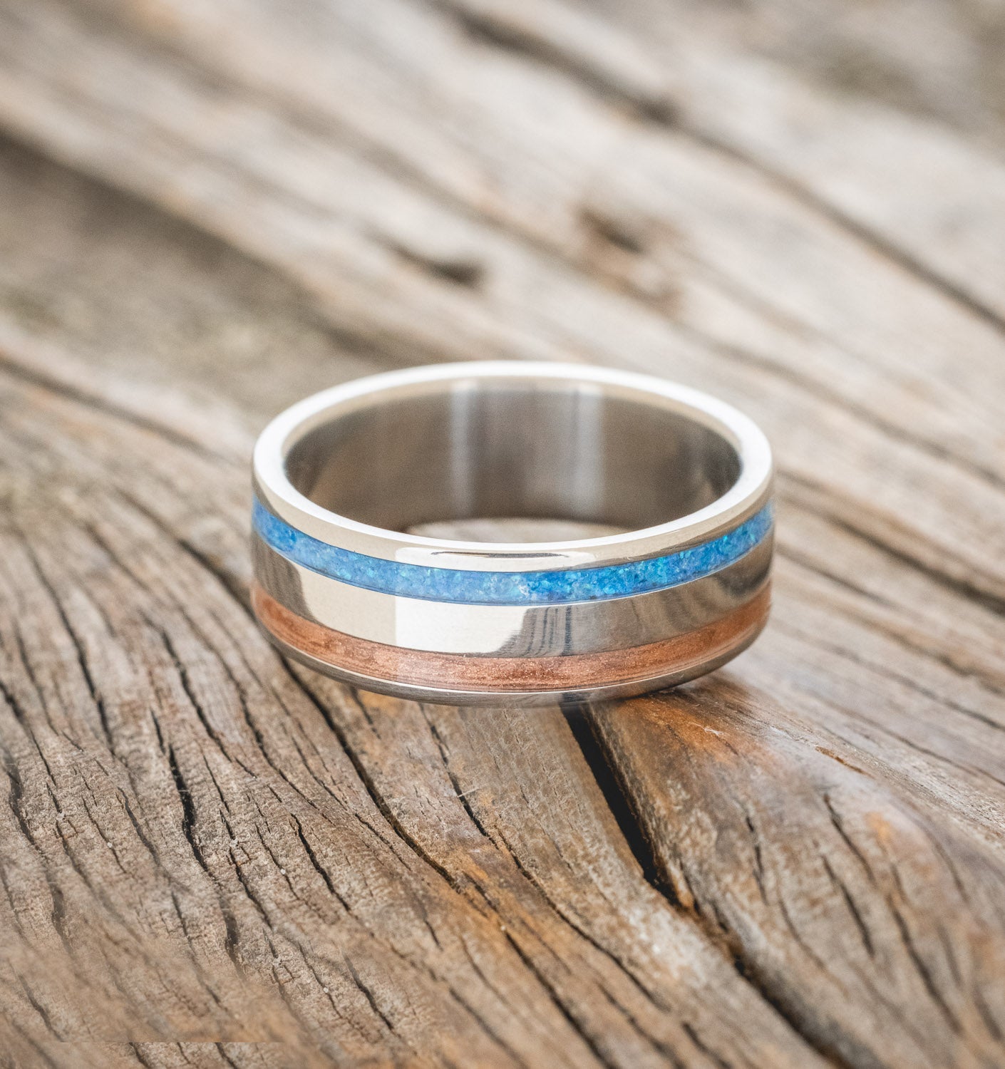 "RYDER" - POWDERED COPPER & BLUE OPAL INLAY WEDDING RING-3