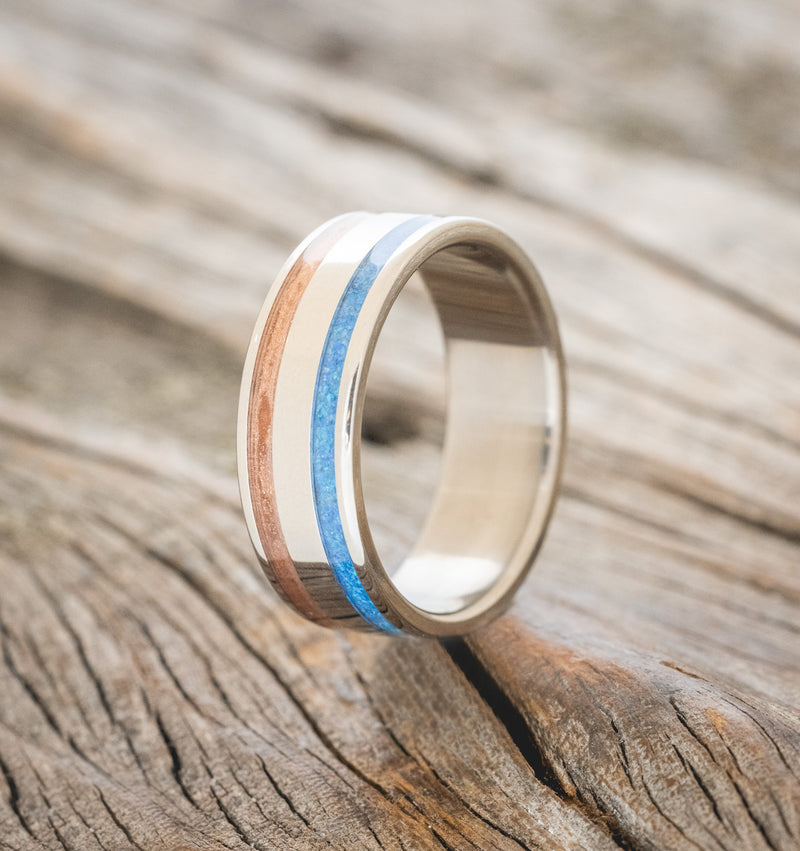 "RYDER" - POWDERED COPPER & BLUE OPAL INLAY WEDDING RING - TITANIUM - SIZE 12-1