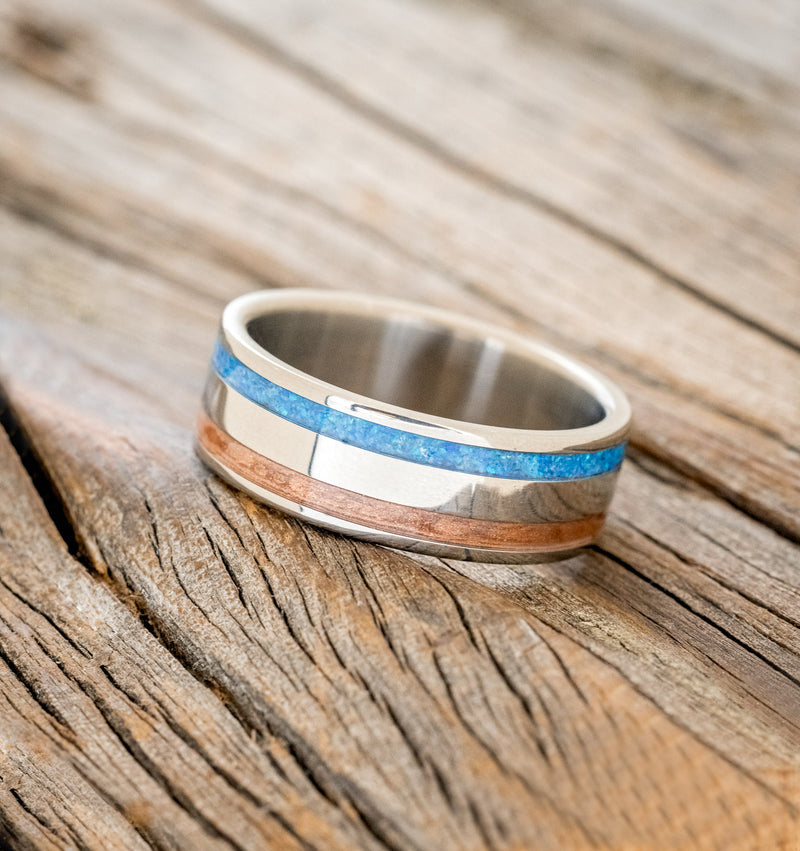 "RYDER" - POWDERED COPPER & BLUE OPAL INLAY WEDDING RING - TITANIUM - SIZE 12-2