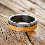 "EZRA" - WHISKEY BARREL & PATINA COPPER WEDDING RING WITH A HAMMERED FINISH - BLACK ZIRCONIUM - SIZE 8-2