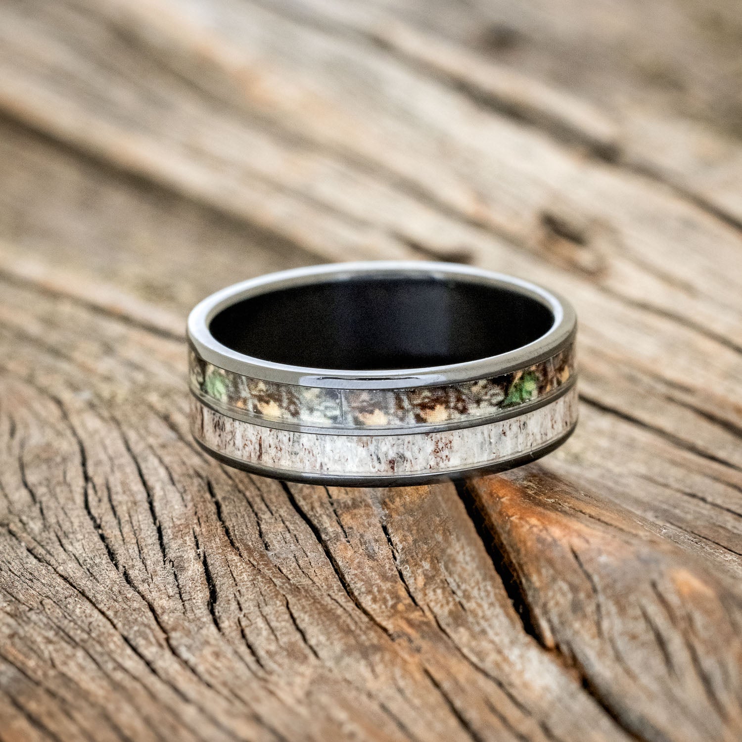"DYAD" - CAMO & ELK ANTLER INLAY WEDDING BAND-3