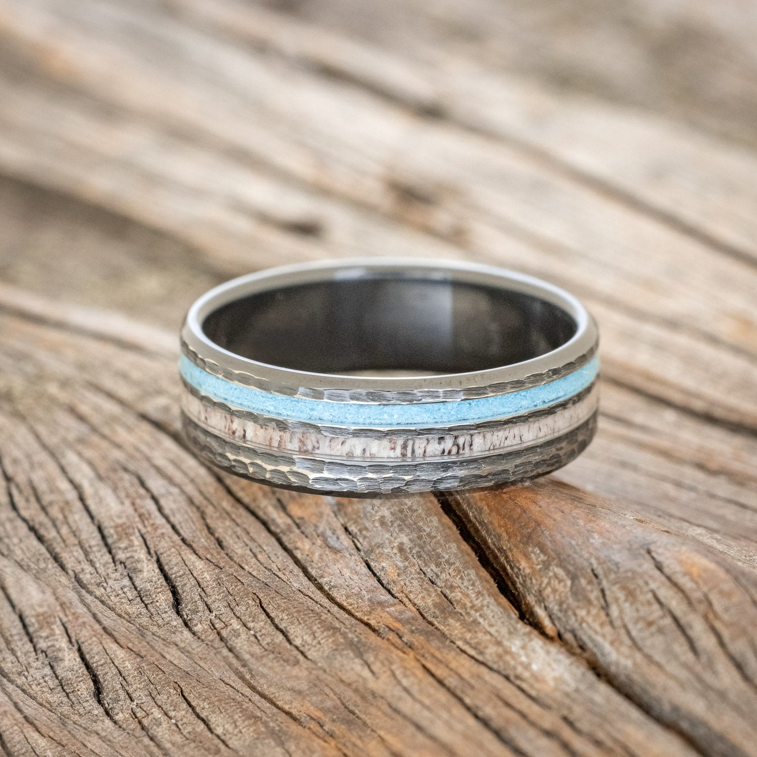 "COSMO" - ANTLER & TURQUOISE WEDDING RING WITH A HAMMERED FINISH-9