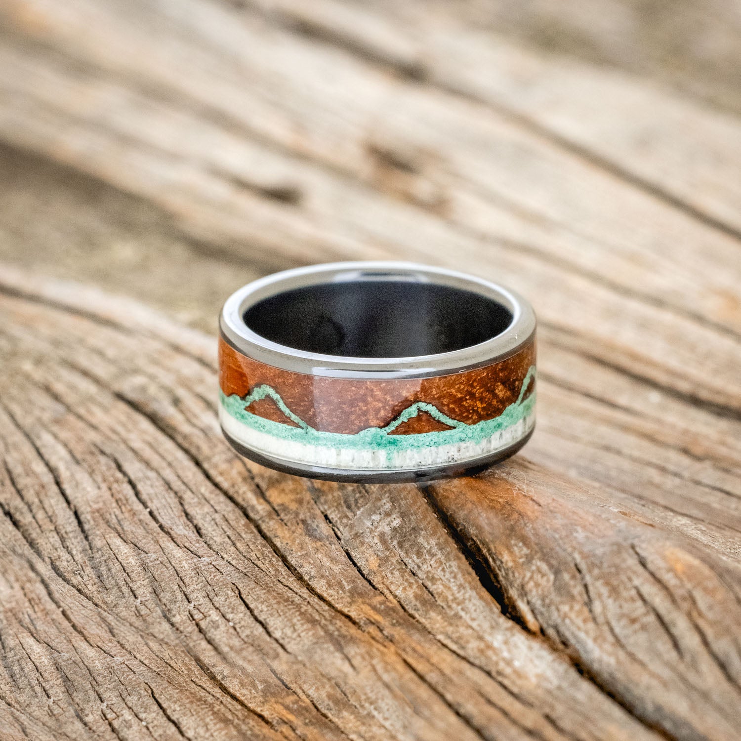 "THE EXPEDITION" - MOUNTAIN ENGRAVED WEDDING RING WITH REDWOOD, MALACHITE & ANTLER-3