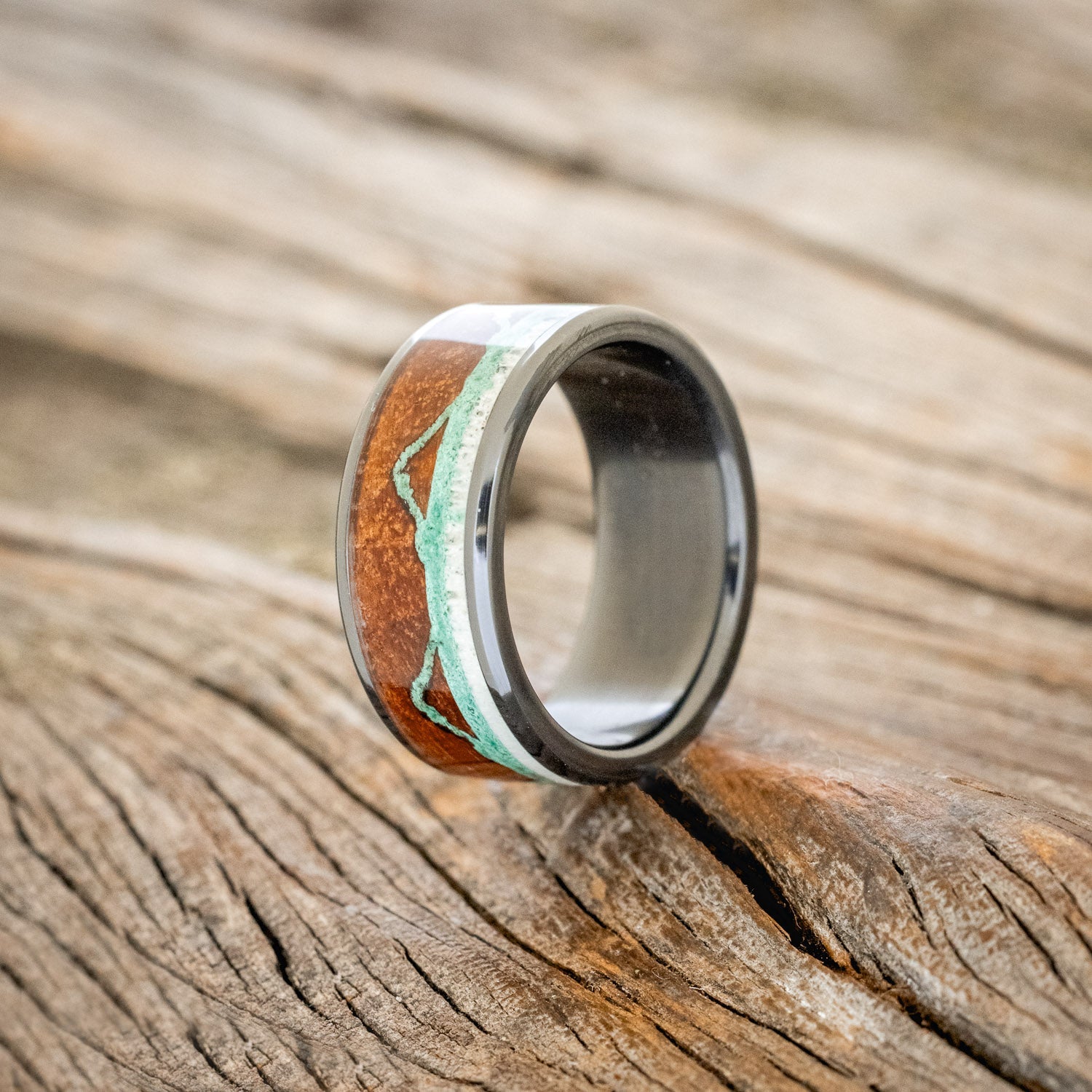 "THE EXPEDITION" - MOUNTAIN ENGRAVED WEDDING RING WITH KOA WOOD, MALACHITE & ANTLER - BLACK ZIRCONIUM - SIZE 6 1/2-2