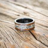 "HOLLIS" - MOONSTONE & KOA WOOD WEDDING BAND - BLACK ZIRCONIUM - SIZE 6 1/2-3