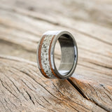 "HOLLIS" - MOONSTONE & KOA WOOD WEDDING BAND - BLACK ZIRCONIUM - SIZE 6 1/2-1