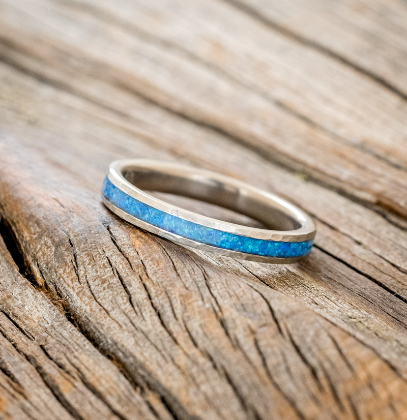 "ETERNA"-  BLUE OPAL STACKING WEDDING BAND WITH A HAMMERED FINISH