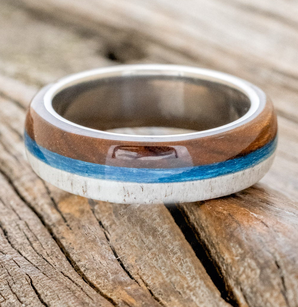 "ARGOS" - IRONWOOD, ANTLER & BLUE FISHING LINE WEDDING BAND-3