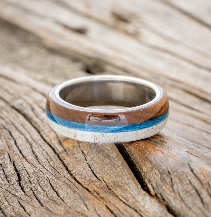Argos - Ironwood, Antler & Blue Fishing Line Wedding Band - Titanium(6mm) - Size 6 1/2