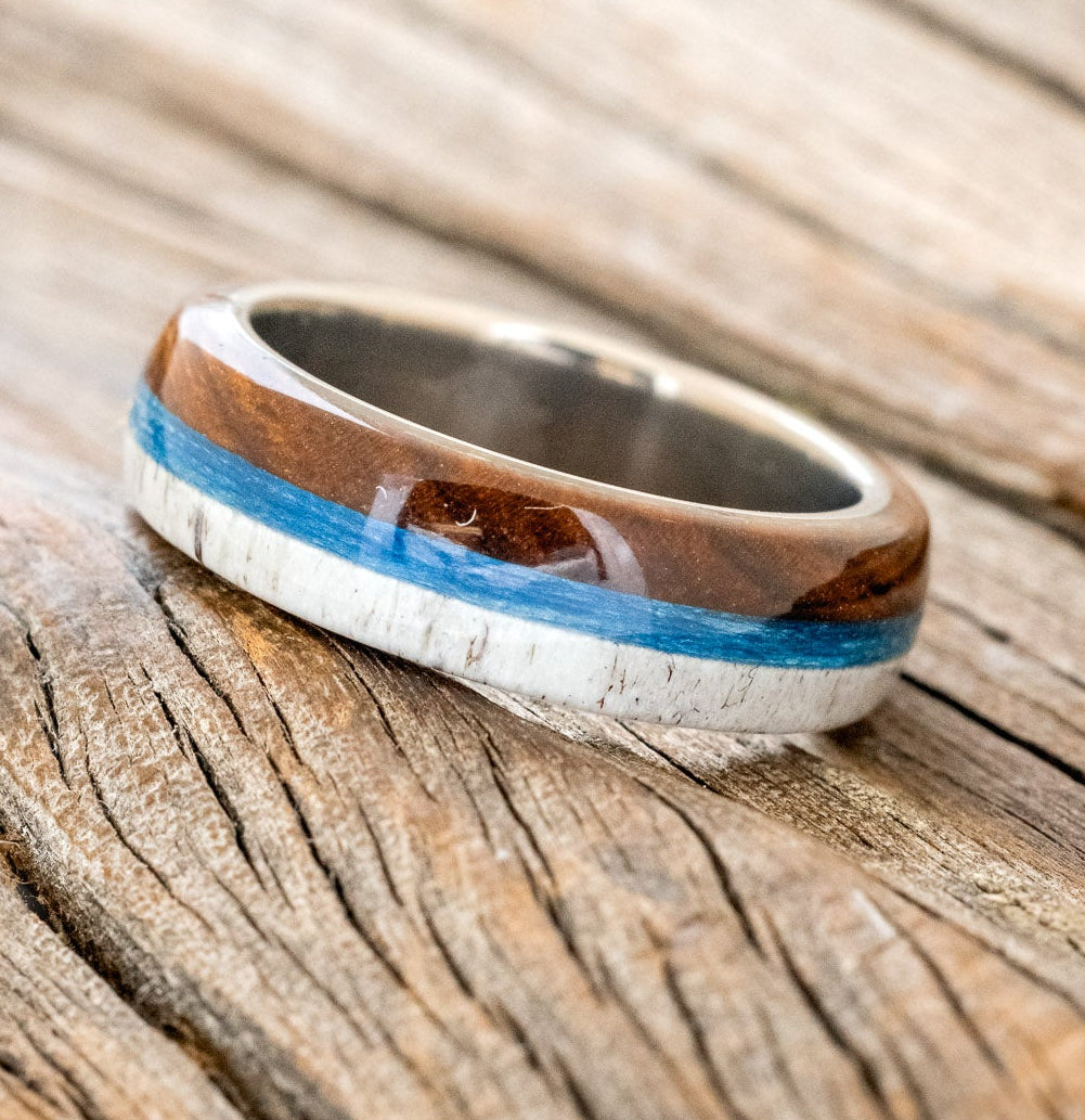 "ARGOS" - IRONWOOD, ANTLER & BLUE FISHING LINE WEDDING BAND-2