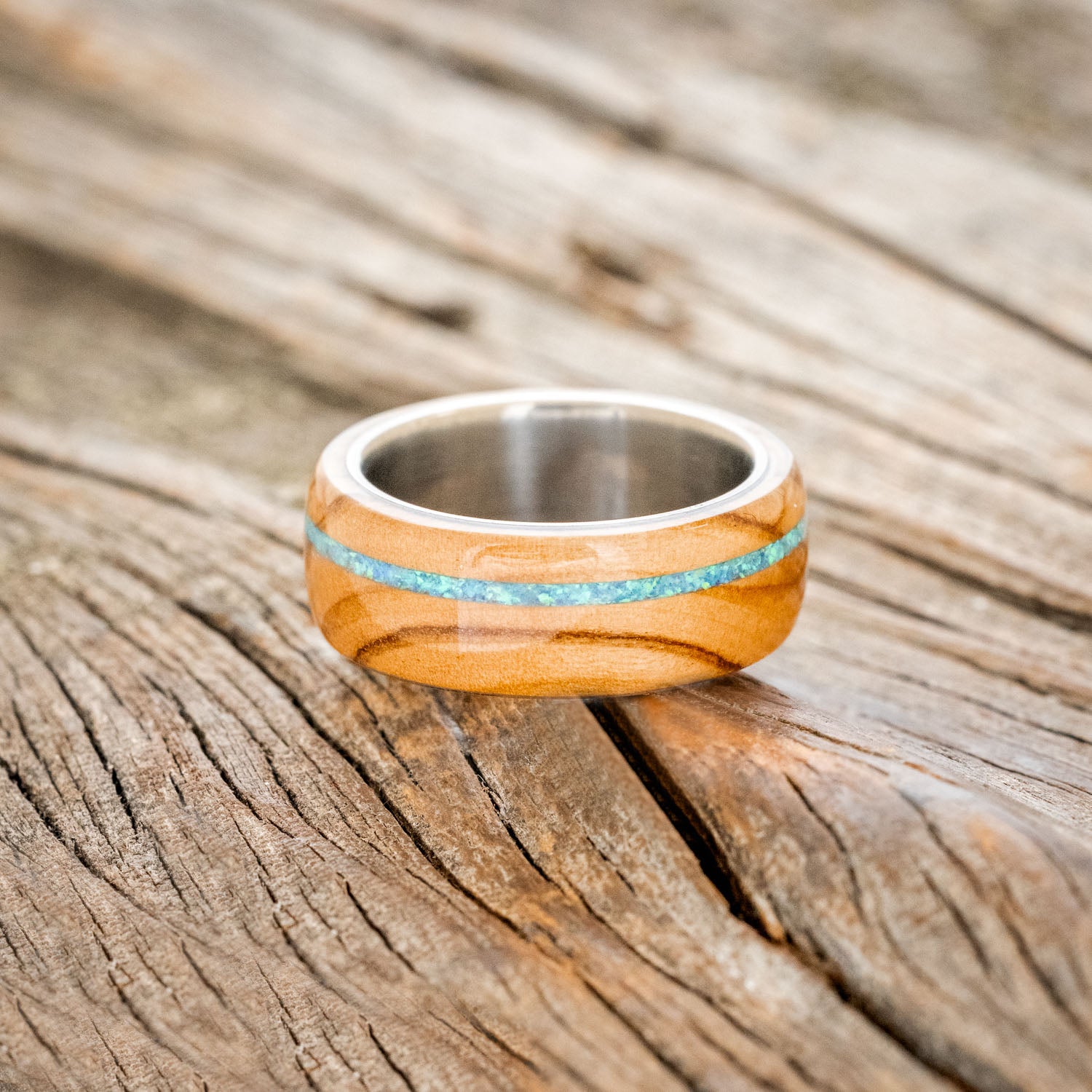 "REMMY" - OLIVE WOOD WEDDING BAND WITH A BLUE OPAL INLAY-3