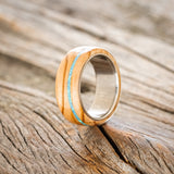 "REMMY" - OLIVE WOOD WEDDING BAND WITH A BLUE OPAL INLAY - TITANIUM - SIZE 6 1/2