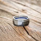 "SEDONA" - RAISED CENTER WEDDING RING WITH ANTLER &LAPIS LAZULI LINING - BLACK ZIRCONIUM - SIZE 6-5