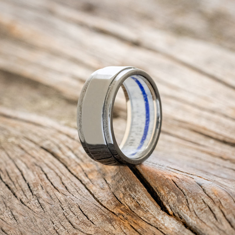 "SEDONA" - RAISED CENTER WEDDING RING WITH ANTLER &LAPIS LAZULI LINING - BLACK ZIRCONIUM - SIZE 6-1