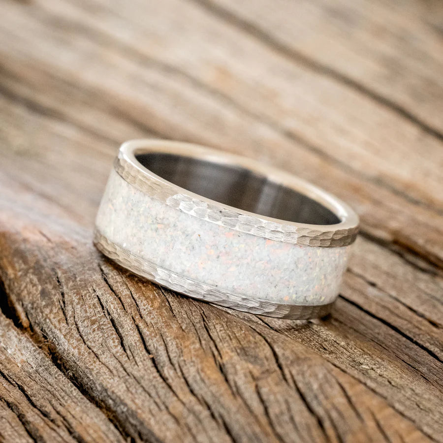 "KALDER" - CRUSHED FIRE & ICE OPAL WEDDING RING WITH A HAMMERED FINISH - BLACK ZIRCONIUM - SIZE 9 1/2-Staghead Designs