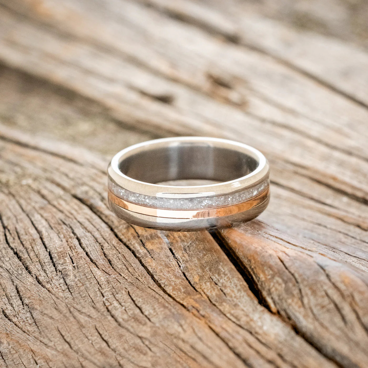 "TANNER" - DIAMOND DUST & 14K ROSE GOLD INLAY WEDDING BAND (6MM) - SIZE 7 1/4-Staghead Designs