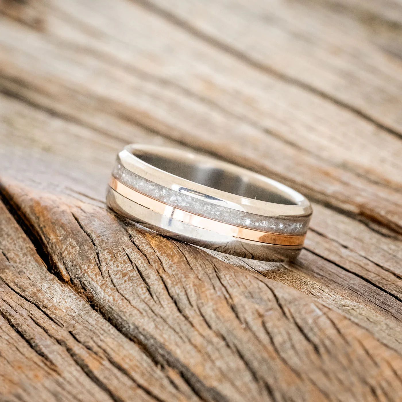 "TANNER" - DIAMOND DUST & 14K ROSE GOLD INLAY WEDDING BAND (6MM) - SIZE 7 1/4-Staghead Designs