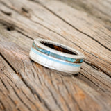 "ELEMENT" - IRONWOOD LINING WITH PATINA COPPER, ANTLER & TURQUOISE INLAYS WEDDING RING-5