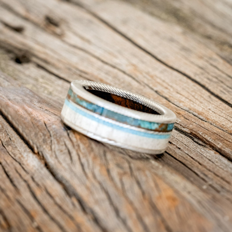 "ELEMENT" - IRONWOOD LINING WITH PATINA COPPER, ANTLER & TURQUOISE INLAYS WEDDING RING - SIZE 7 3/4-4