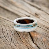 "ELEMENT" - IRONWOOD LINING WITH PATINA COPPER, ANTLER & TURQUOISE INLAYS WEDDING RING