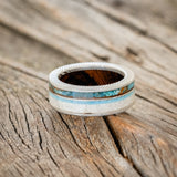 "ELEMENT" - IRONWOOD LINING WITH PATINA COPPER, ANTLER & TURQUOISE INLAYS WEDDING RING-3