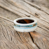 "ELEMENT" - IRONWOOD LINING WITH PATINA COPPER, ANTLER & TURQUOISE INLAYS WEDDING RING