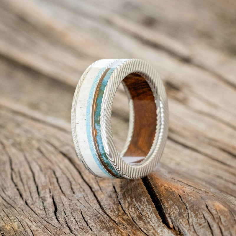 "ELEMENT" - IRONWOOD LINING WITH PATINA COPPER, ANTLER & TURQUOISE INLAYS WEDDING RING