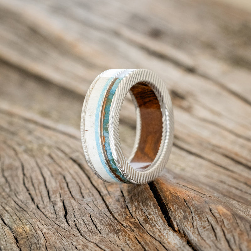 "ELEMENT" - IRONWOOD LINING WITH PATINA COPPER, ANTLER & TURQUOISE INLAYS WEDDING RING - SIZE 7 3/4-1