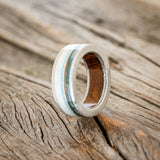 "ELEMENT" - IRONWOOD LINING WITH PATINA COPPER, ANTLER & TURQUOISE INLAYS WEDDING RING-4