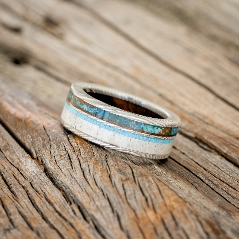 "ELEMENT" - IRONWOOD LINING WITH PATINA COPPER, ANTLER & TURQUOISE INLAYS WEDDING RING - SIZE 7 3/4-3