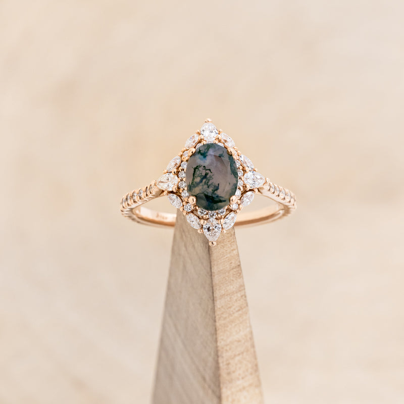 "NORTH STAR" - BRIDAL SUITE - OVAL MOSS AGATE ENGAGEMENT RING WITH DIAMOND HALO, DIAMOND ACCENTS, & SOLID GOLD TRACERS-12