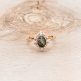 "NORTH STAR" - OVAL MOSS AGATE ENGAGEMENT RING WITH DIAMOND HALO & ACCENTS