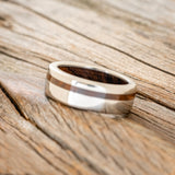 "VERTIGO" - IRONWOOD LINING & INLAY WEDDING RING - TITANIUM - SIZE 7-4