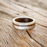 "VERTIGO" - IRONWOOD LINING & INLAY WEDDING RING - TITANIUM - SIZE 7-5