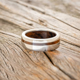 "VERTIGO" - IRONWOOD LINING & INLAY WEDDING RING - TITANIUM - SIZE 7-6