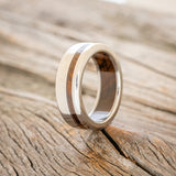 "VERTIGO" - IRONWOOD LINING & INLAY WEDDING RING - TITANIUM - SIZE 7-1