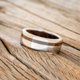 "VERTIGO" - IRONWOOD LINING & INLAY WEDDING RING - TITANIUM - SIZE 7-3