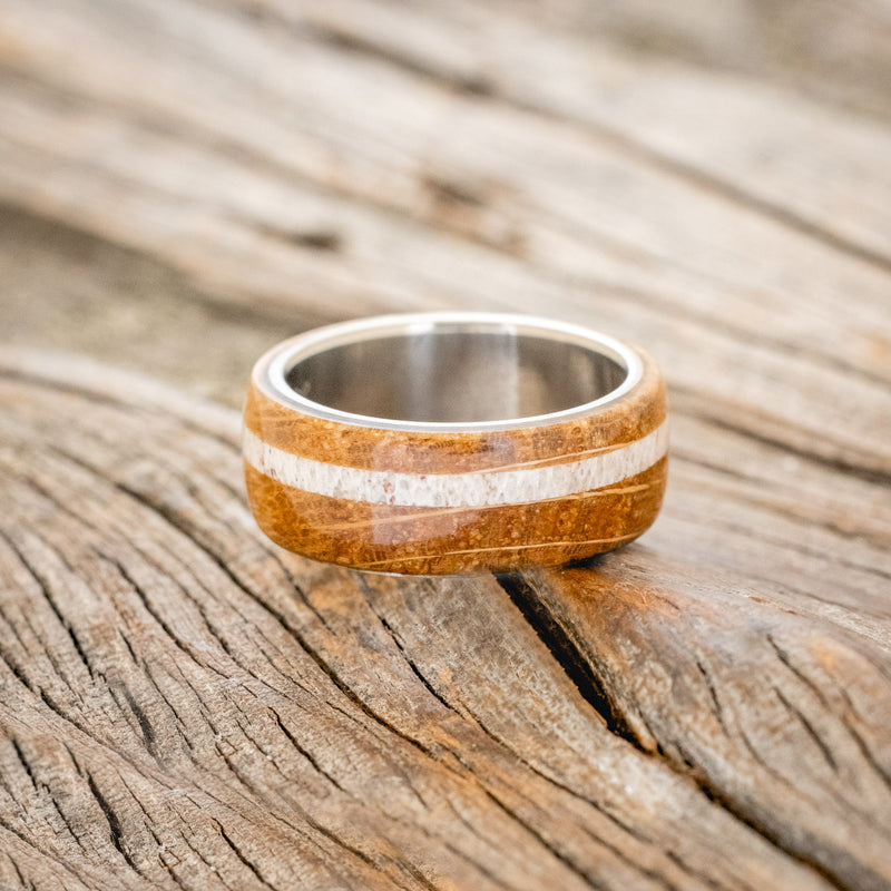 "REMMY" - WHISKEY BARREL OAK & ANTLER WEDDING RING - TITANIUM - SIZE 7-3