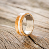 "REMMY" - WHISKEY BARREL OAK & ANTLER WEDDING RING - TITANIUM - SIZE 7-1