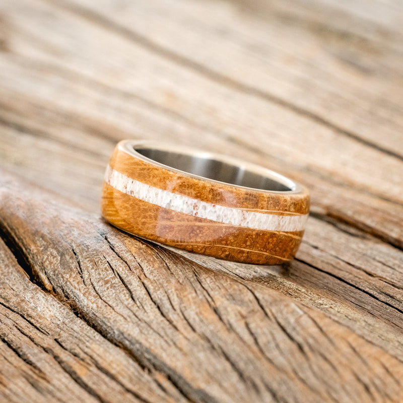 "REMMY" - WHISKEY BARREL OAK & ANTLER WEDDING RING - TITANIUM - SIZE 7-2